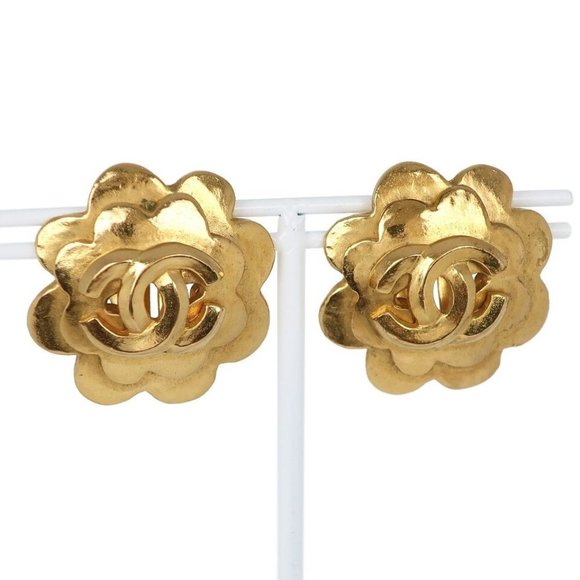 CHANEL COCO Mark vintage flour Earring Plated Gold Women - Picture 1 of 12